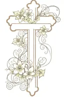 cross with flowers and scroll across the top tattoo design idea