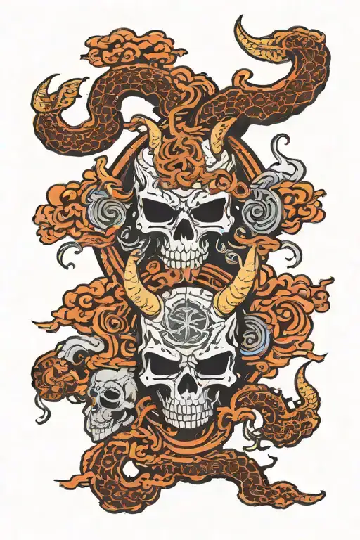 skulls clouds with Capricorn symbol integrated tattoo design idea