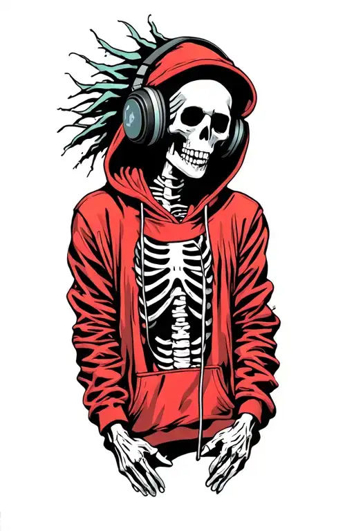 punk rock skeleton wearing a red hoodie and listening to music through headphones  tattoo design idea
