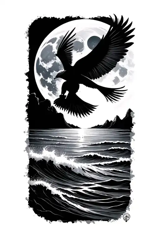 ocean in the foreground, small moon in the background, silhouette of phoenix flying in front of moon tattoo design idea