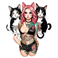 woman punk with gang of cats tattoo design idea