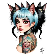 woman punk with gang of cats tattoo design idea