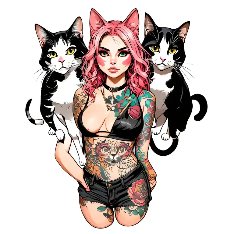 woman punk with gang of cats tattoo design idea