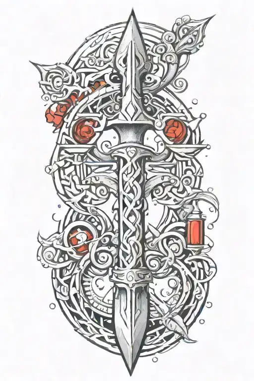 shivas trident with red stone and RED POWER DRUM    tattoo design idea