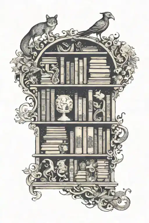A whimsical bookshelf filled with fantasy novels and magical creatures tattoo design idea