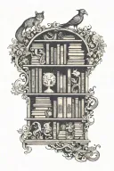 A whimsical bookshelf filled with fantasy novels and magical creatures tattoo design idea
