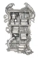 A whimsical bookshelf filled with fantasy novels and magical creatures tattoo design idea