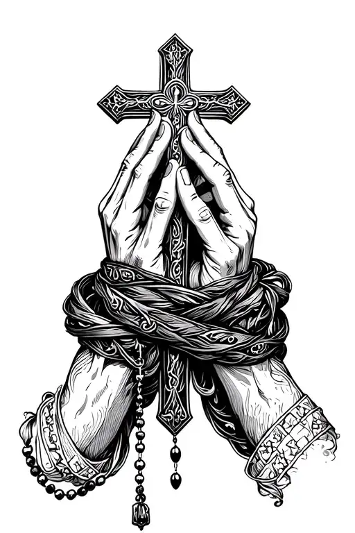 cross praying hand and rosary wrapped tattoo design idea