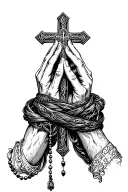 cross praying hand and rosary wrapped tattoo design idea