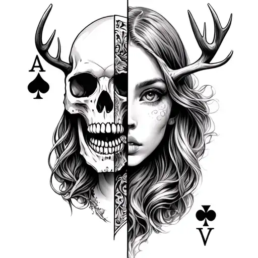 A half skull half girl forearm sleeve with a playing card and stag skull all seperate tattoo design idea