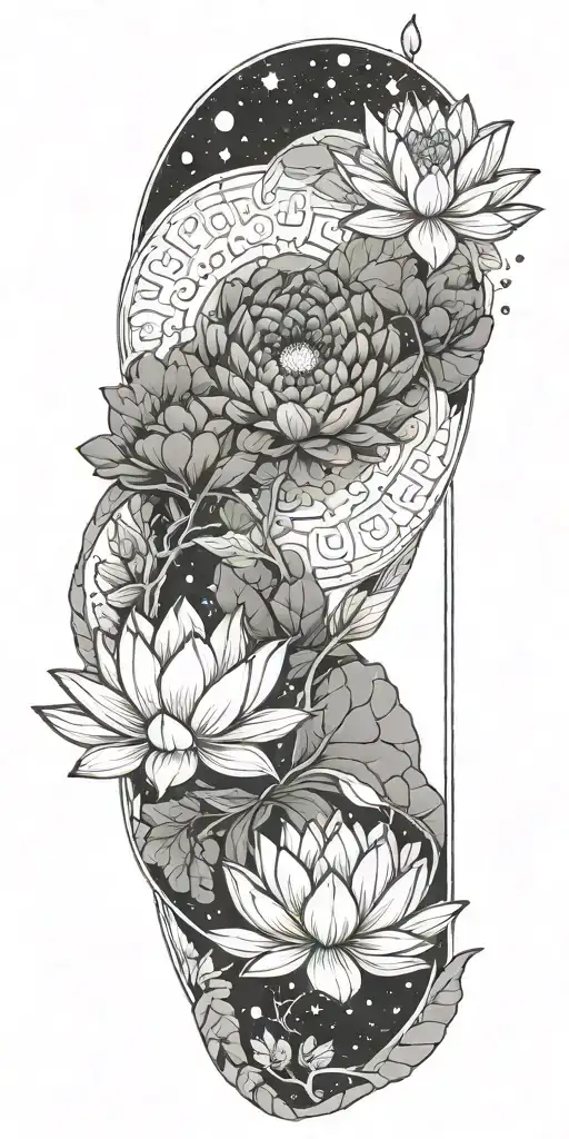 central lotus flower, celestial elements like stars and planets, sacred geometry, and serene landscapes such as mountain tattoo design idea