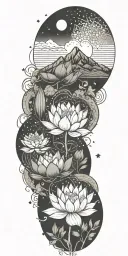 central lotus flower, celestial elements like stars and planets, sacred geometry, and serene landscapes such as mountain tattoo design idea