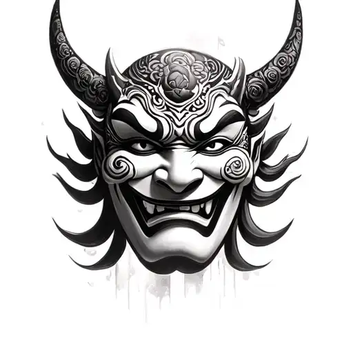 Black and white pencil sketch of a Hannya mask in realistic fine art style, with smooth shading and clean lines tattoo design idea