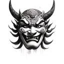 Black and white pencil sketch of a Hannya mask in realistic fine art style, with smooth shading and clean lines tattoo design idea