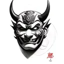 Black and white pencil sketch of a Hannya mask in realistic fine art style, with smooth shading and clean lines tattoo design idea