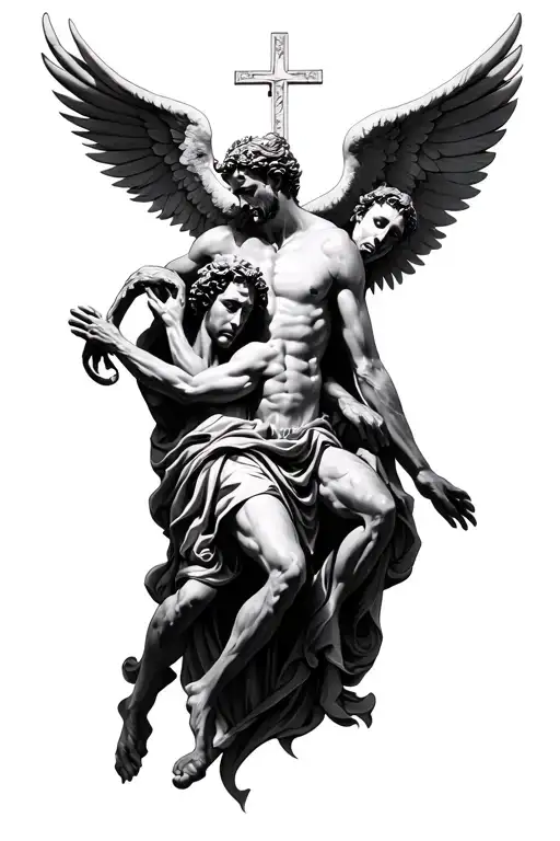 Generate an image of a stoic style forearm tattoo that is symbolic of Christianity and has a devil defeated by an angel tattoo design idea