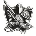 a knight without left arm to elbow, holding sword with crest scratched on right shoulder tattoo design idea