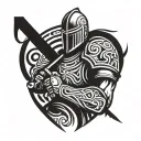 a knight without left arm to elbow, holding sword with crest scratched on right shoulder tattoo design idea