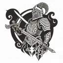 a knight without left arm to elbow, holding sword with crest scratched on right shoulder tattoo design idea