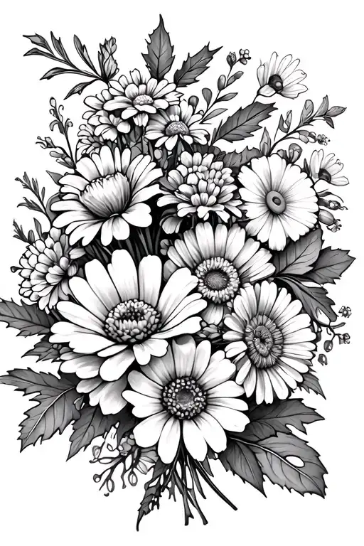 Flower bouquet with carnations, marigolds, daisys, holly, daffodils, chrysanthemums, and asters tattoo design idea