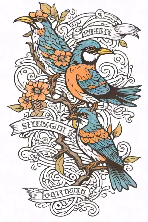 birds and this written quotes written Rooted in strength, driven by love, Wealth in wisdom, success from above. tattoo design idea