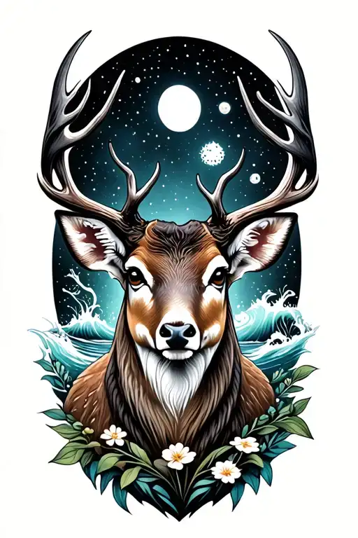 anxiety deer, sea and cosmos tattoo design idea