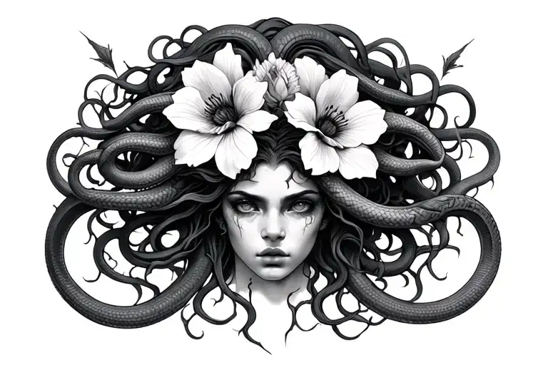 medusa with 7 flowers 6 snakes and 4 cracks coming tattoo design idea