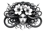 medusa with 7 flowers 6 snakes and 4 cracks coming tattoo design idea