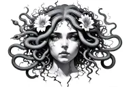 medusa with 7 flowers 6 snakes and 4 cracks coming tattoo design idea