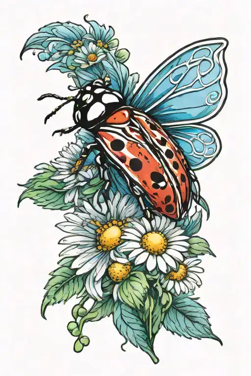 Letton color with ladybug and daisy flower tattoo design idea
