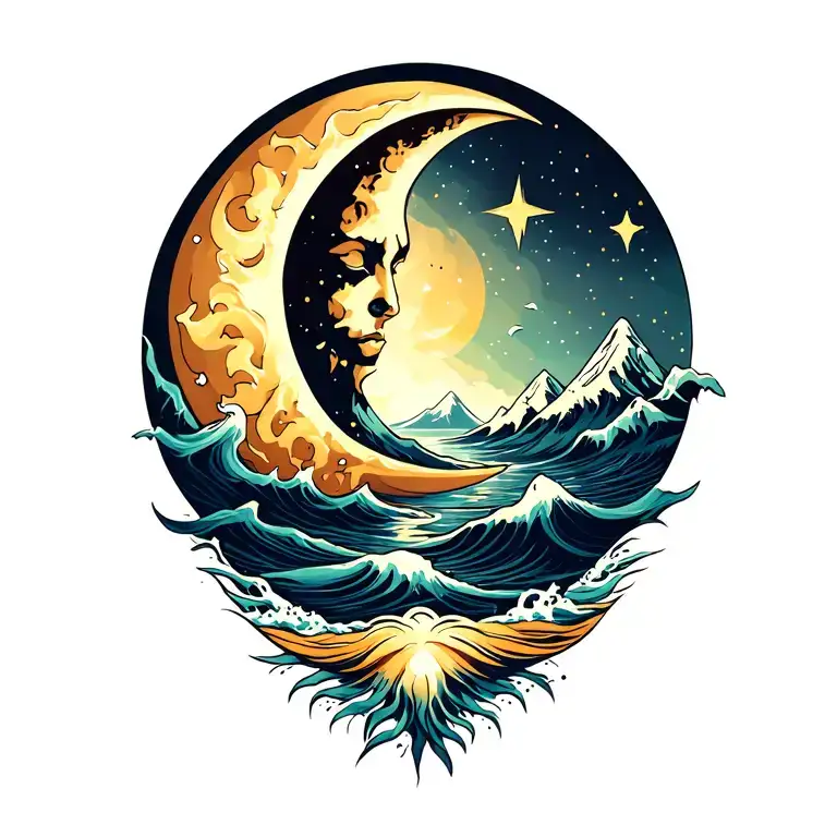 sun, moon, ocean, mountains, stars tattoo design idea