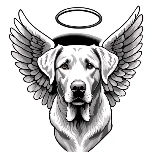 A memorial tattoo of a silver Labrador with angel wings and a halo, symbolizing the beloved dog's spirit watching over you tattoo design idea