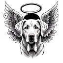 A memorial tattoo of a silver Labrador with angel wings and a halo, symbolizing the beloved dog's spirit watching over you tattoo design idea