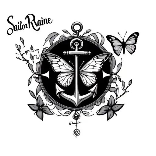"Sailor Raine " anchor butterfly and compass surrounded tattoo design idea