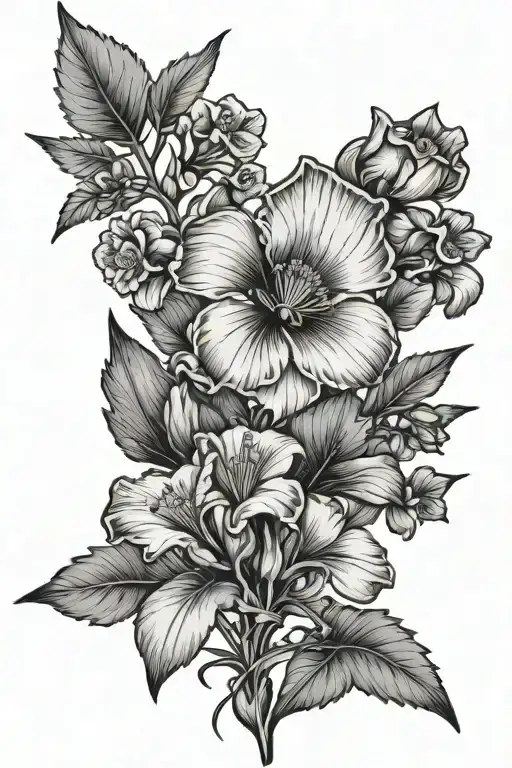 poppy flower, gladiolus flower, carnation flower, snowdrop flower, iris flower, violet flower, and holly flower tattoo design idea