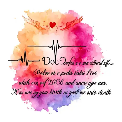 memorial tattoo for dad with EKG line, heart, angel wings, and a quote with his date of birth and date of death  tattoo design idea