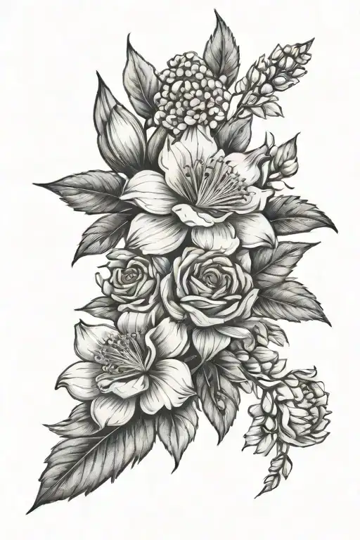 July and December birth flower bouquet tattoo design idea