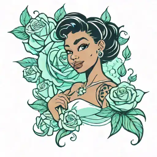 tiana with rose backround tattoo design idea
