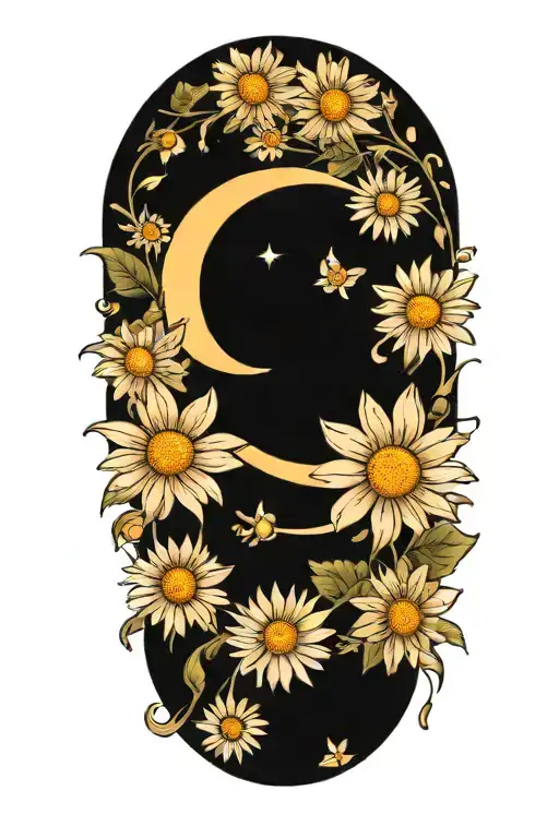 white daisys and crescent moon merging together tattoo design idea