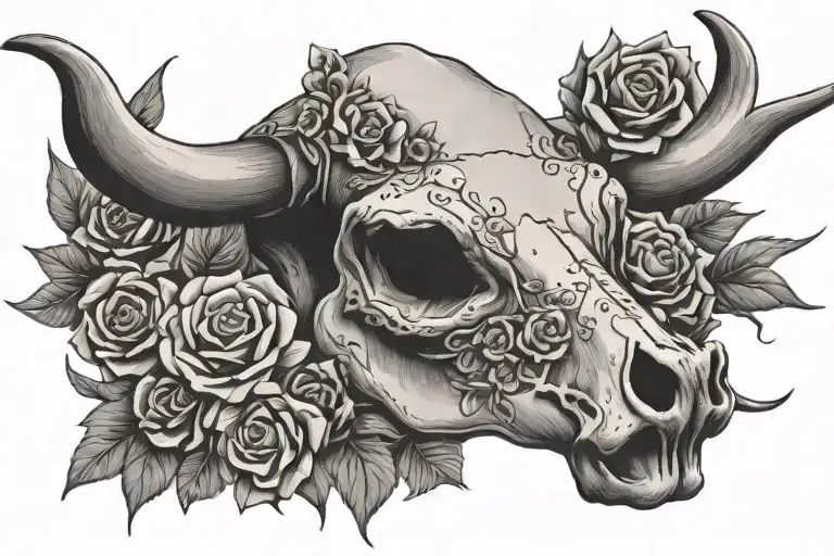 cow skull with flowers tattoo design idea