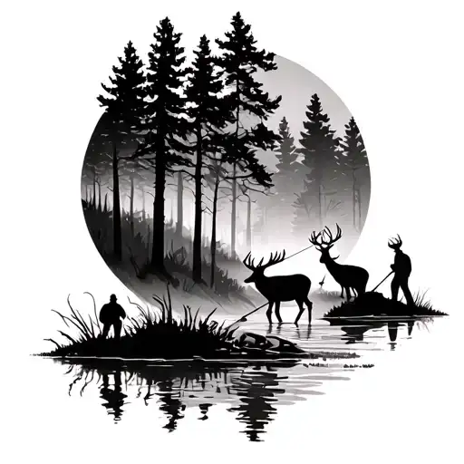 forest with deer and man fishing tattoo design idea