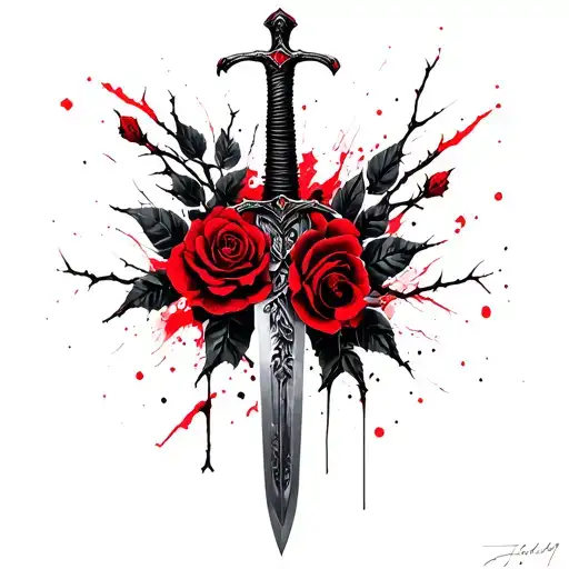 Sword Wrapped In thorny rose vines tattoo design idea