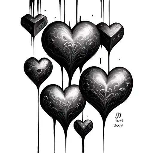 5 hearts going up and down with D 2003, L 2005, H 2008, J 2010 and M 2014  tattoo design idea