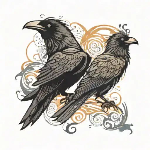 A raven and a crow circling together, intertwined in dynamic motion, with swirling feathers and a vibrant, textured look tattoo design idea