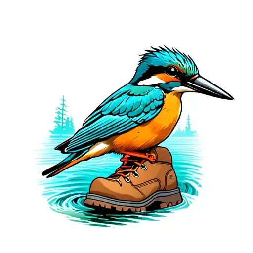 A new-school tattoo design of a colorful kingfisher bird perched on a hiking boot, with a flowing river in the background tattoo design idea