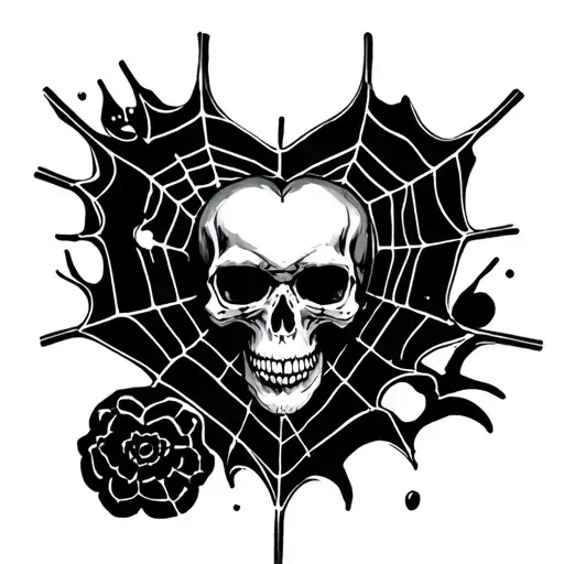 black and white heart shaped spider web with skull tattoo design idea