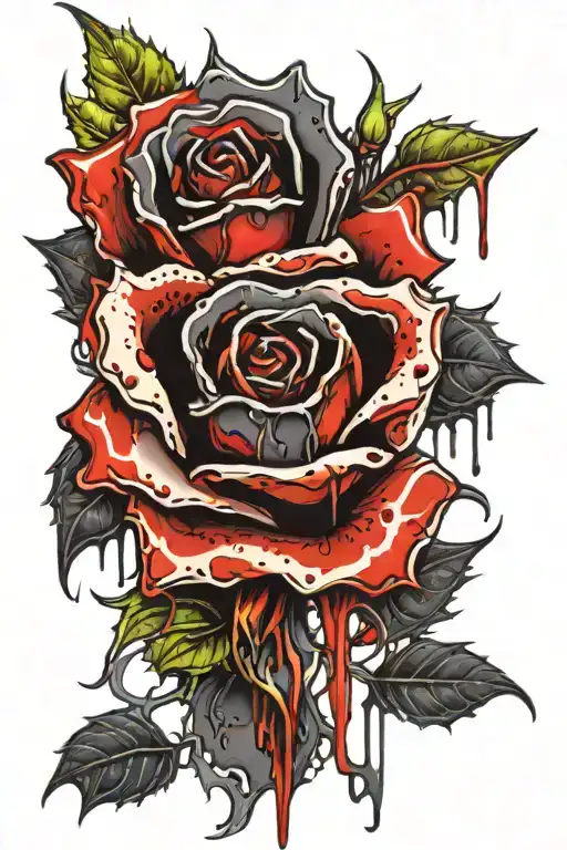 black thorny stem, black Rose with a realistic eye in the middle, dripping blood off its thorns tattoo design idea