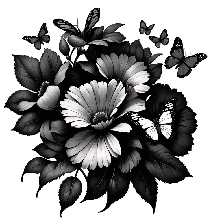 flowers blooming butterflies flying away tattoo design idea