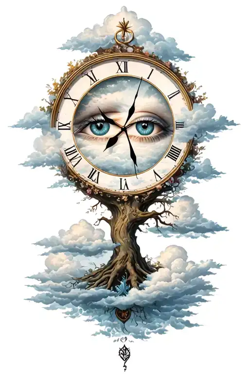 clouds eye clock life tree tattoo design idea