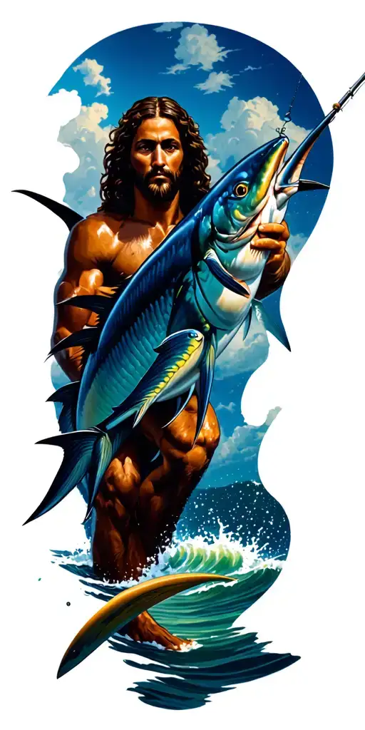 Jesus looking at me surfing and below the waters I fishing a marlin with appearance tattoo design idea